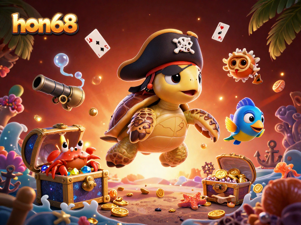 Join the thrilling adventure at hon68, where pirate turtles and treasure await in a vibrant underwater casino scene.