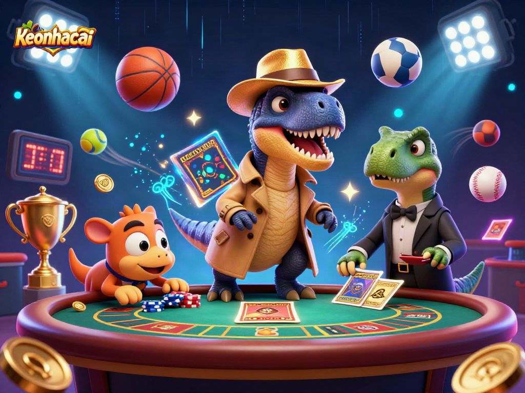 Bet on sports with keonhacai in an exciting 3D scene featuring playful dinosaurs and dynamic elements