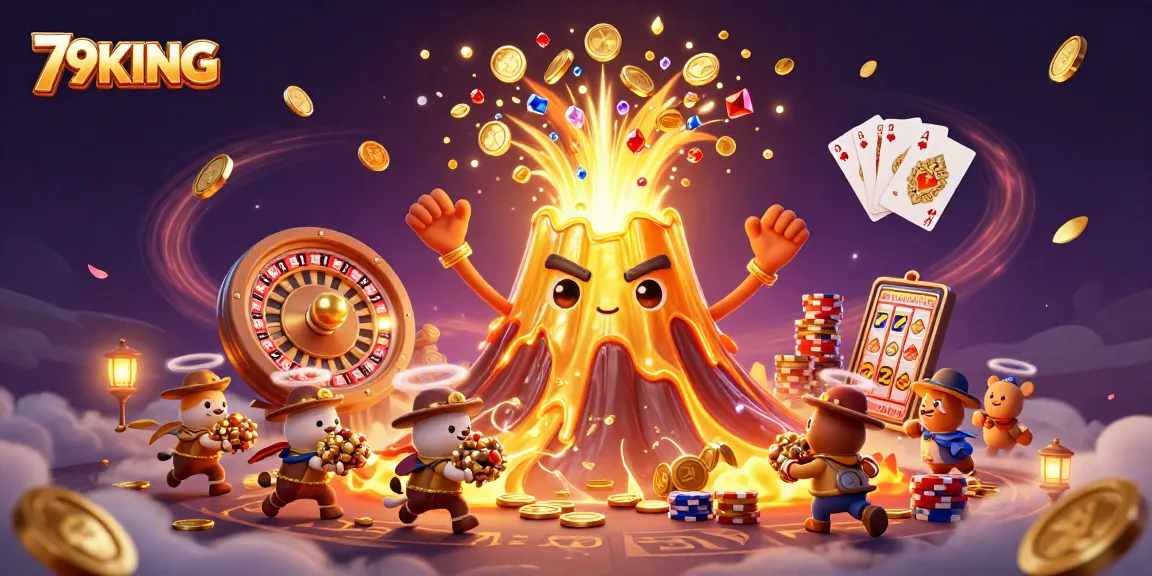 Engage with 79KING as golden volcano erupts treasures amidst dynamic casino action.