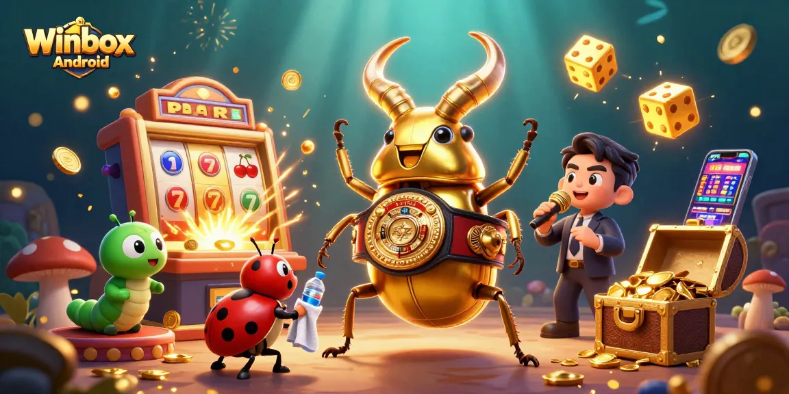 Winbox Android app illustration with a giant stag beetle, ladybug corner-man, and dynamic casino elements.