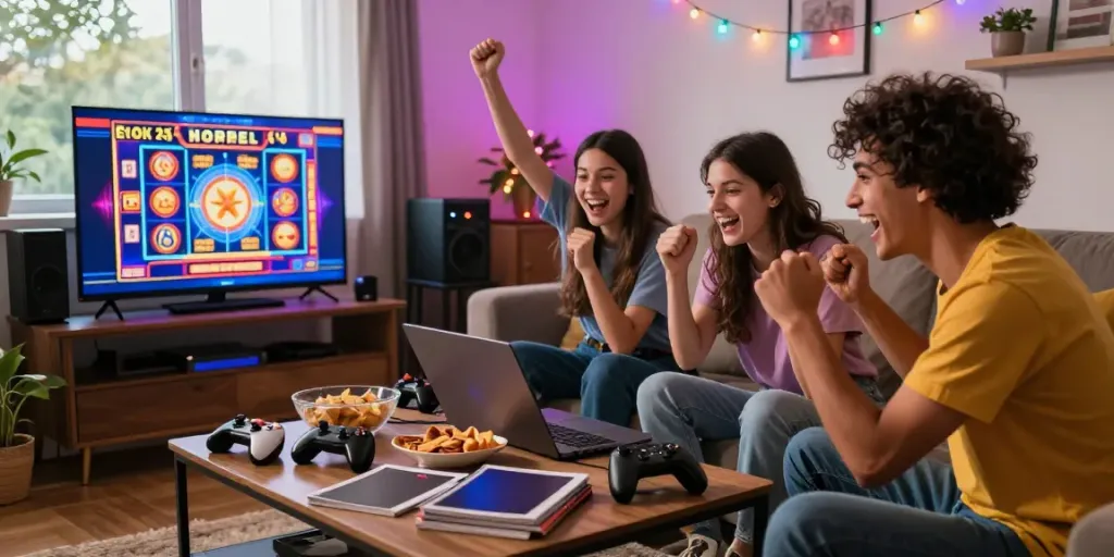 Friends excitedly playing slot games together on a laptop in a cozy living room.