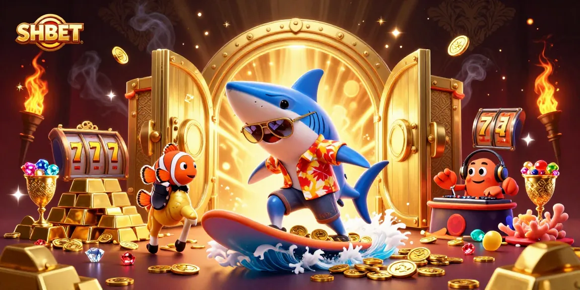 SHBET features a lively casino scene with a shark surfing on gold coins amidst dynamic gaming elements.