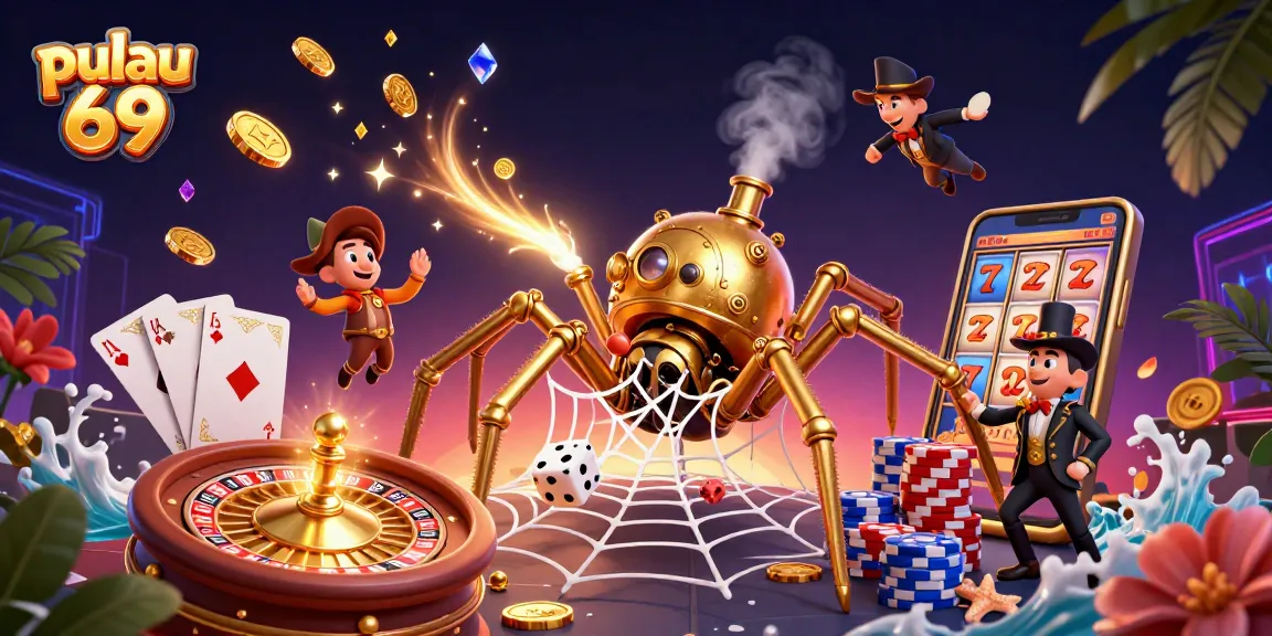 Pulau 69 showcases a thrilling scene of a golden spider and Victorian fly amid a vibrant casino atmosphere.
