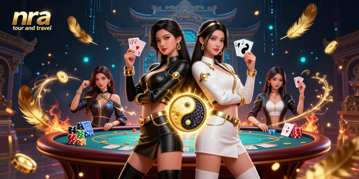 A stunning 3D artwork showcasing twin Asian women in coordinated outfits with red and black cards, representing nra tour and travel in a vibrant casino scene.