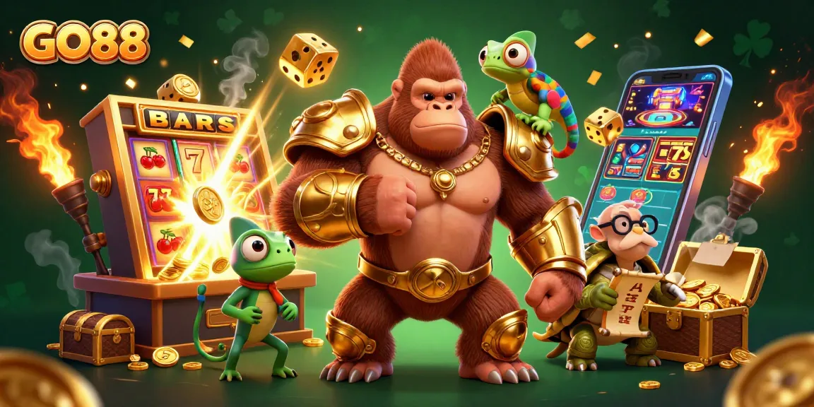 Experience the excitement with GO88 as vibrant slot machines burst open with coins and symbols.