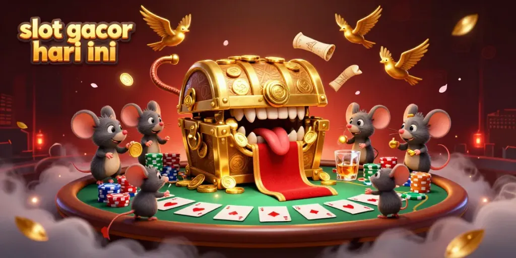 Win big at slot gacor hari ini featuring a treasure chest surrounded by poker elements.