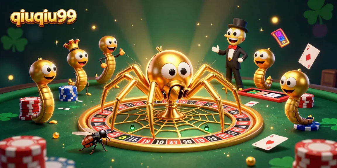 Experience the excitement of qiuqiu99 as a golden spider spins a roulette wheel web, betting hustle abounds.