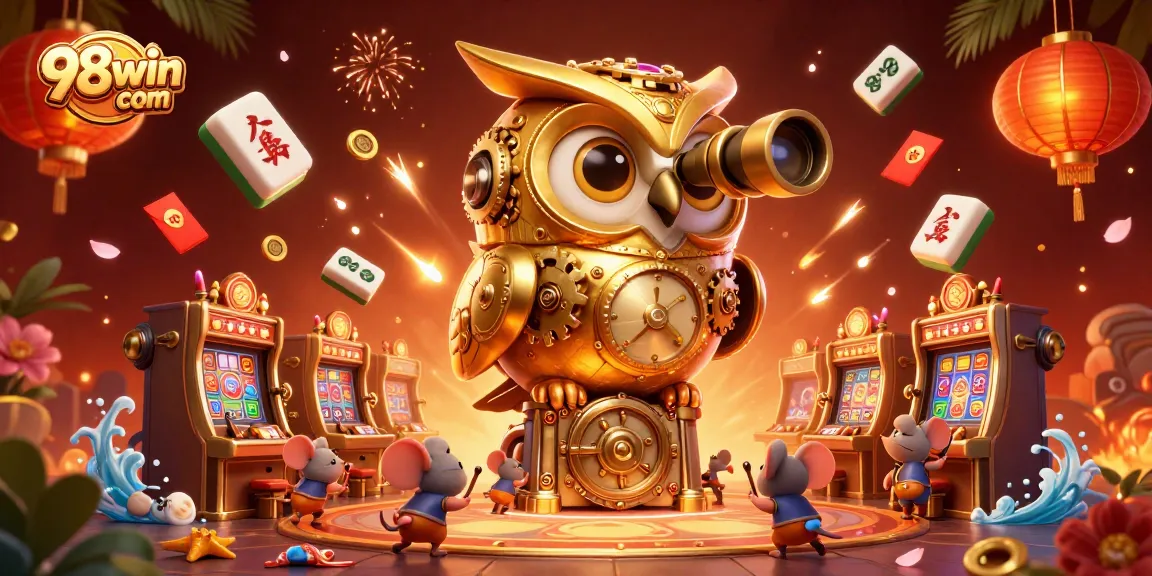 Engage with the vibrant world of 98win com as a golden owl scans a lively casino scene, filled with festive decorations and game elements.