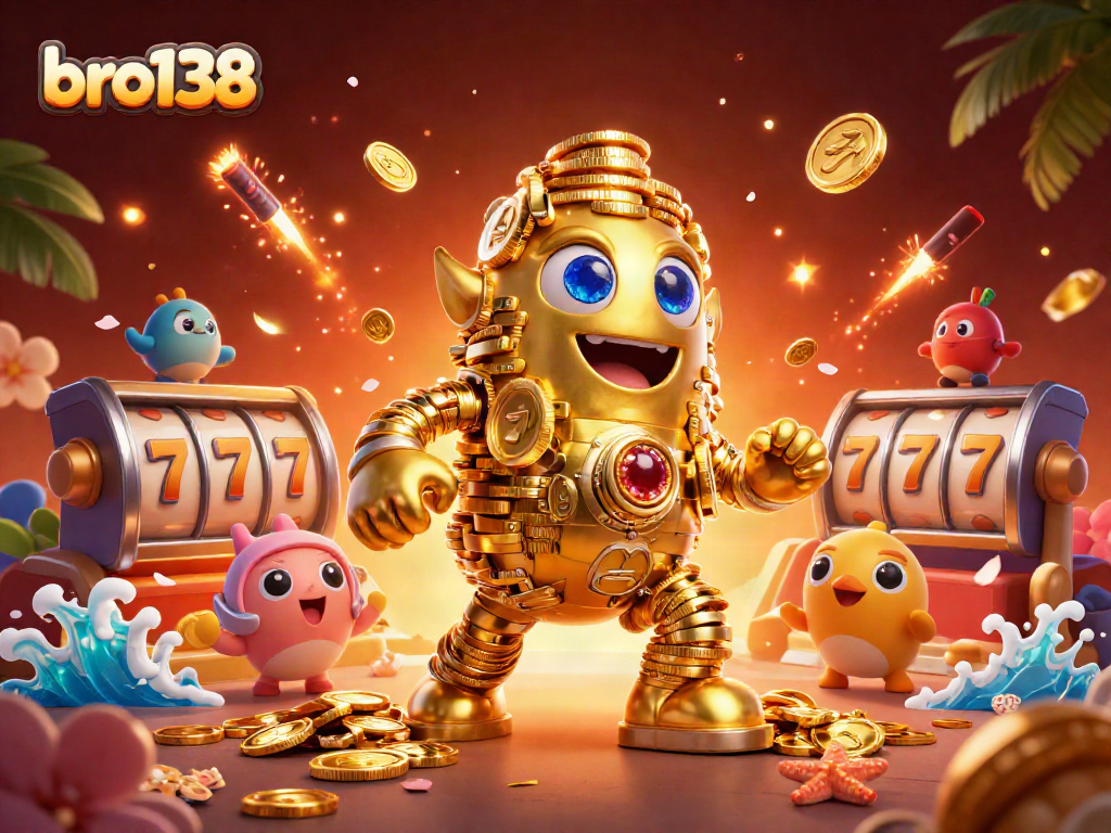 Play exciting slots with bro138's golden golem surrounded by vibrant casino elements in a 3D illustration.