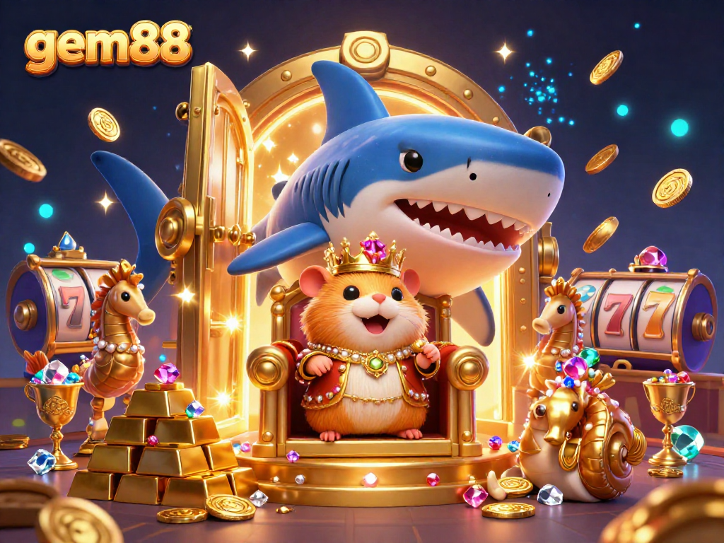 Experience gem88's vibrant casino adventure with a golden hamster king on a megalodon throne.