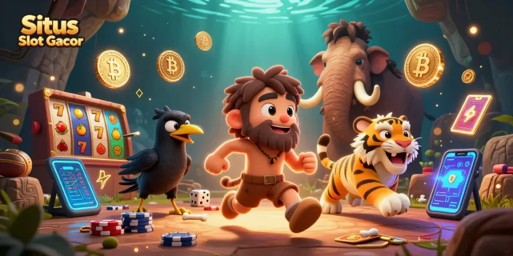 Situs Slot Gacor, merasakan keseruan bermain slot dengan karakter gua dan harimau sabertooth di kasino prasejarah.