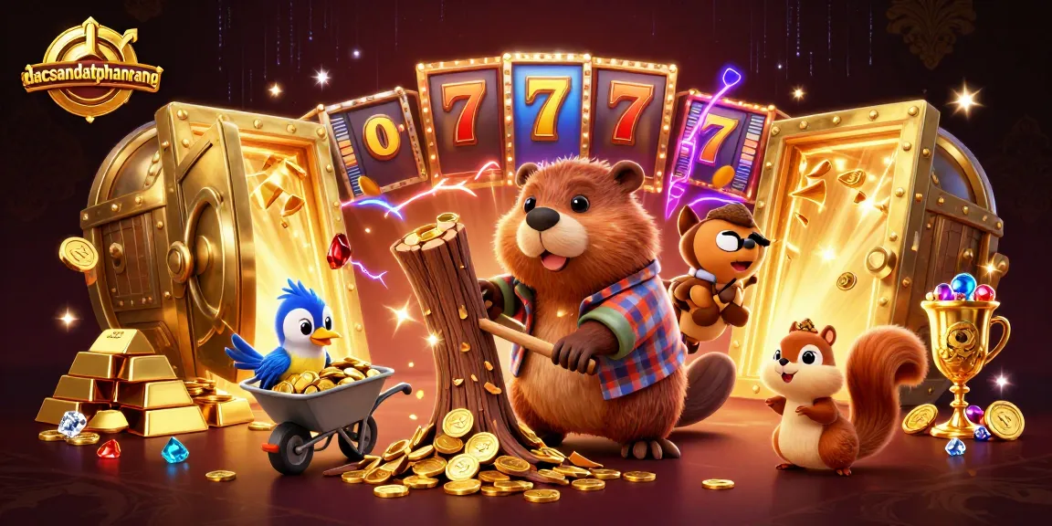 dacsandatphanrang showcases an exciting gambling scene with characters interacting with slot reels and golden coins.