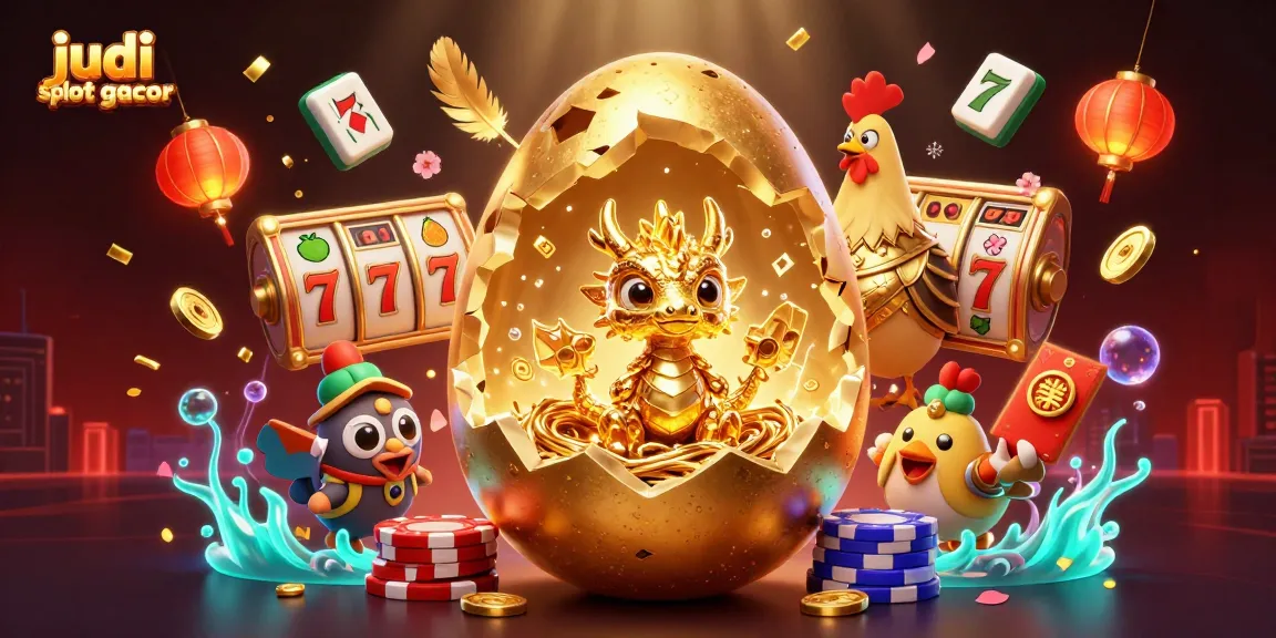 Menguak judi slot gacor melalui ilustrasi 3D wajah naga emas bersinar di atas chip poker, dikelilingi elemen permainan yang menarik.