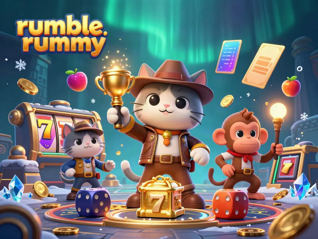 Engage in thrilling gameplay with Rumble Rummy, as our explorer cat uncovers treasures in a vibrant casino.