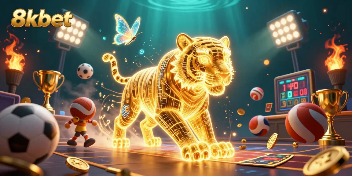Experience thrilling gameplay at 8xbet with golden tiger and sports elements amidst a digital casino.