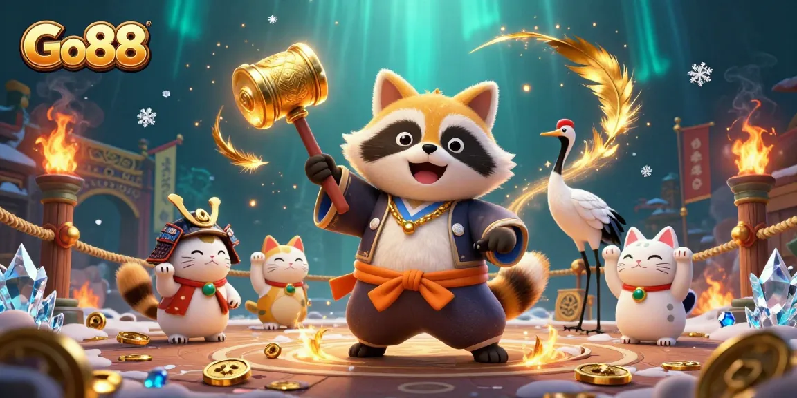 Experience exciting gaming action at Go88 with a cheerful tanuki and fortune cats in a vibrant casino scene.