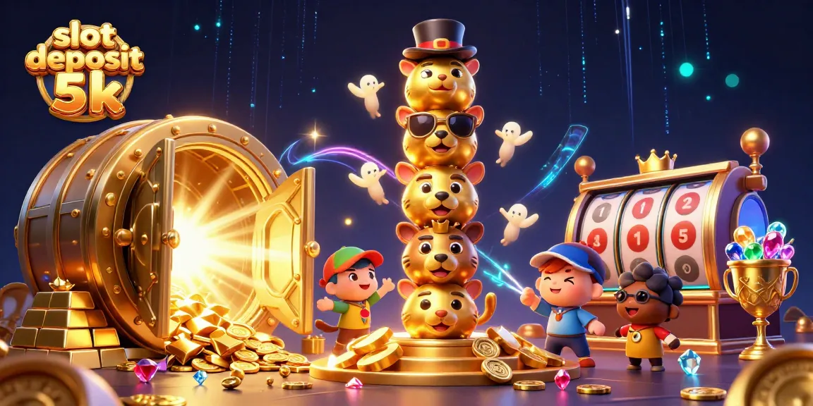 Engage in slot deposit 5k adventures with a vibrant 3D casino illustration featuring a golden totem pole and treasure.