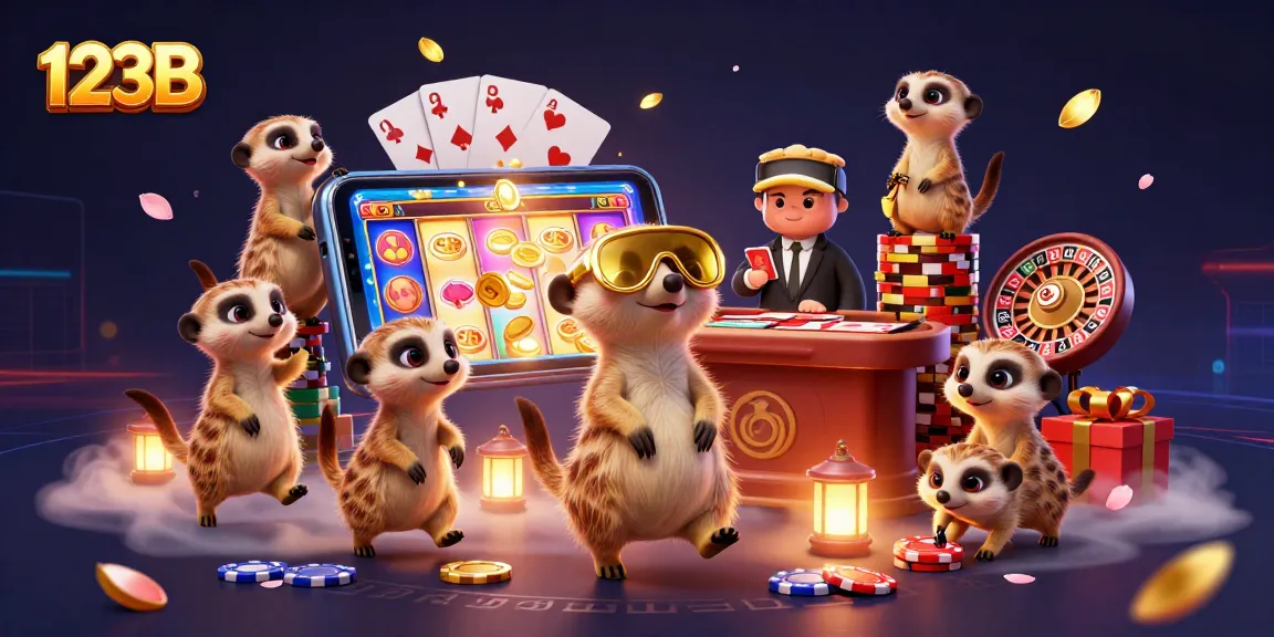 Experience the excitement of 123B as meerkats orchestrate dynamic casino games amidst vibrant, colorful elements.
