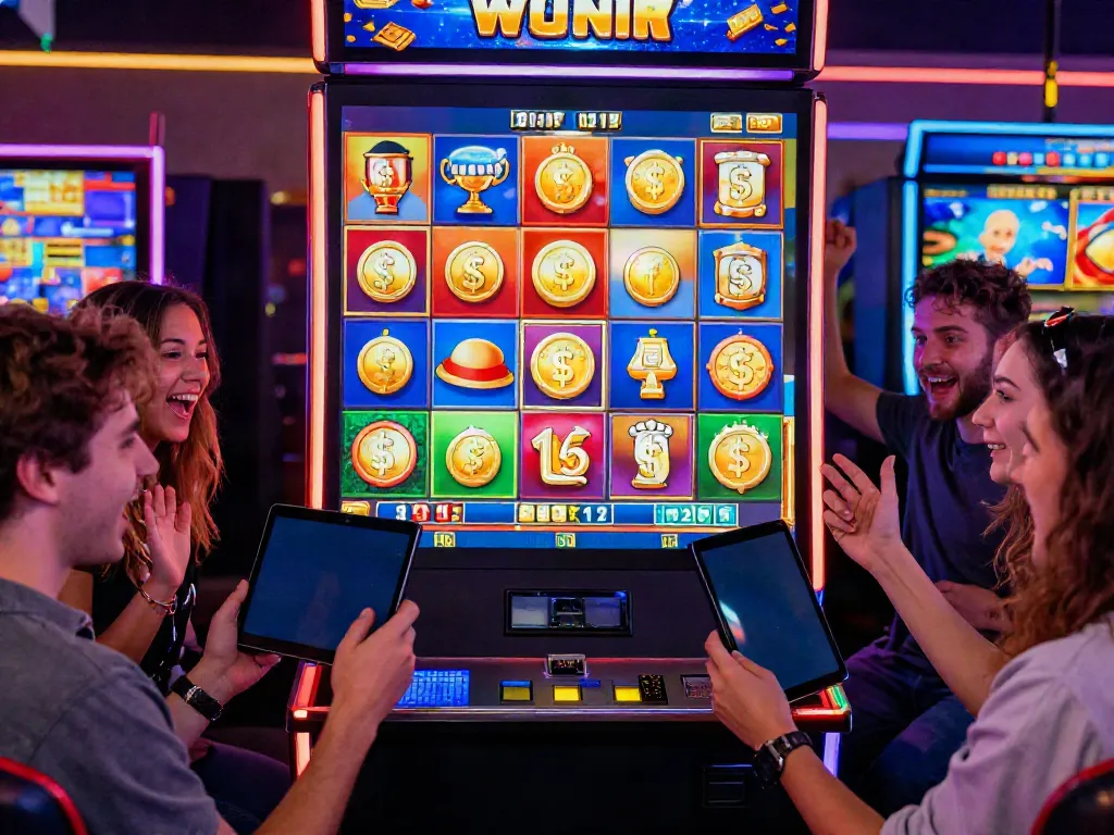 Excited players enjoying ทดลองสล็อต in a vibrant online casino environment