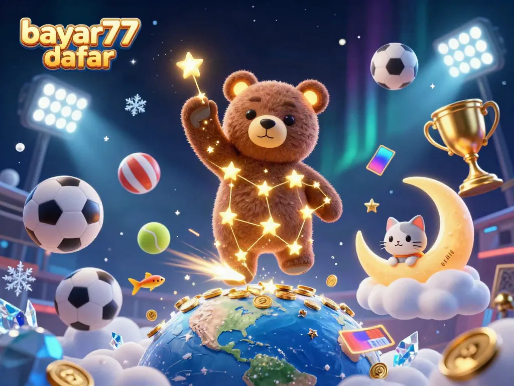 Engage in thrilling games at bayar77 daftar, featuring a constellation bear and dynamic sports elements.