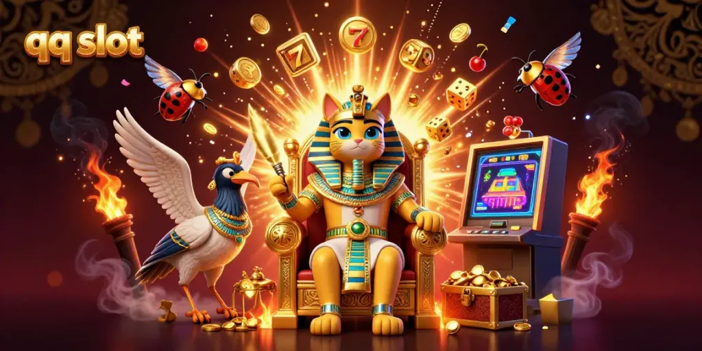 Experience joy with the qq slot machine, featuring vibrant symbols, golden treasures, and exciting gaming elements.