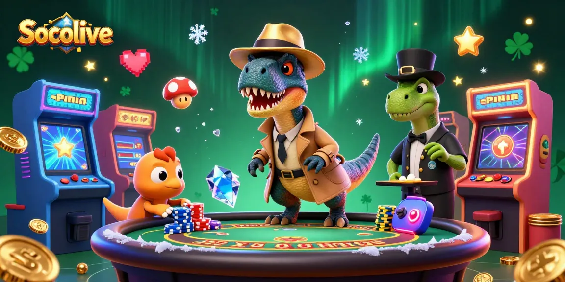 Socolive showcases a cartoon velociraptor card counter at a blackjack table, surrounded by colorful arcade machines and gaming elements.
