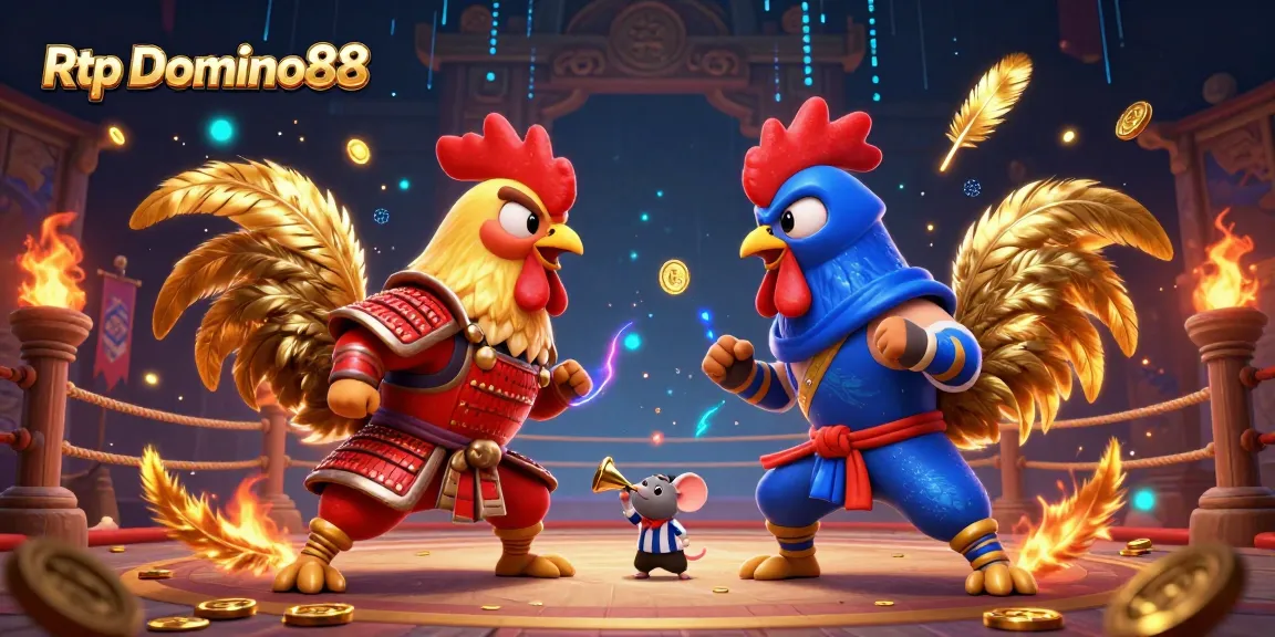 Experience the excitement of Rtp Domino88 with dynamic fighting roosters and vibrant casino elements.
