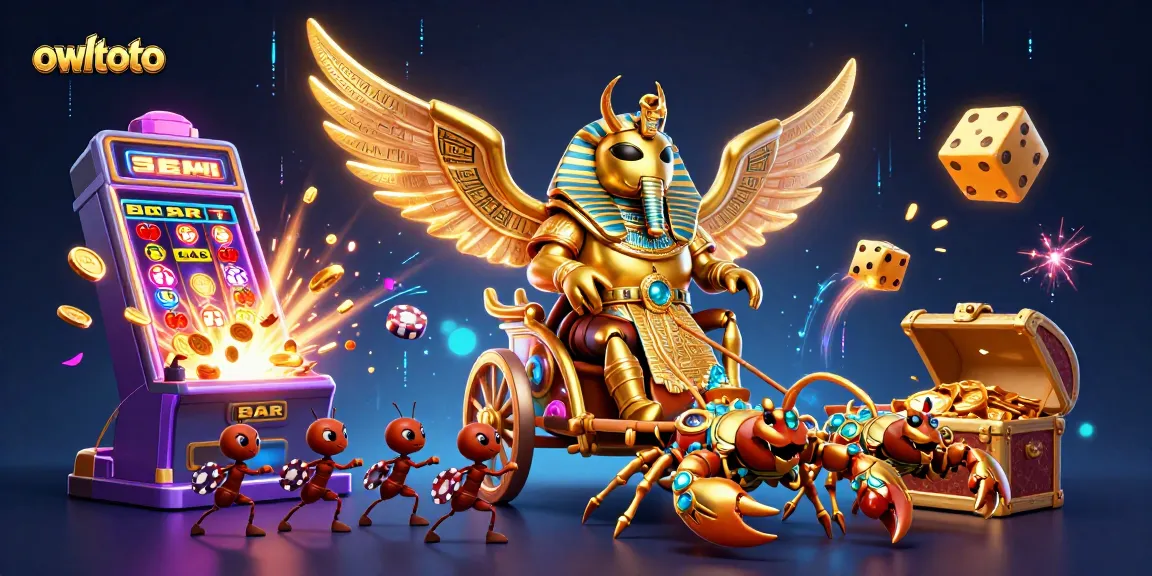 Engage in gaming excitement with owltoto's colossal pharaoh beetle surrounded by vibrant casino elements.