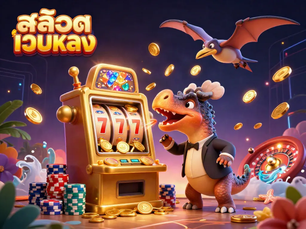 Experience thrilling action at สล็อตเว็บตรง with cartoon dinosaurs in a gold-laden casino scene.