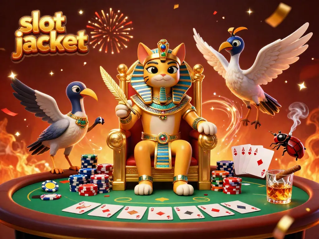 Menangkan jackpot slot dengan firaun kucing dan elemen kasino yang penuh warna.