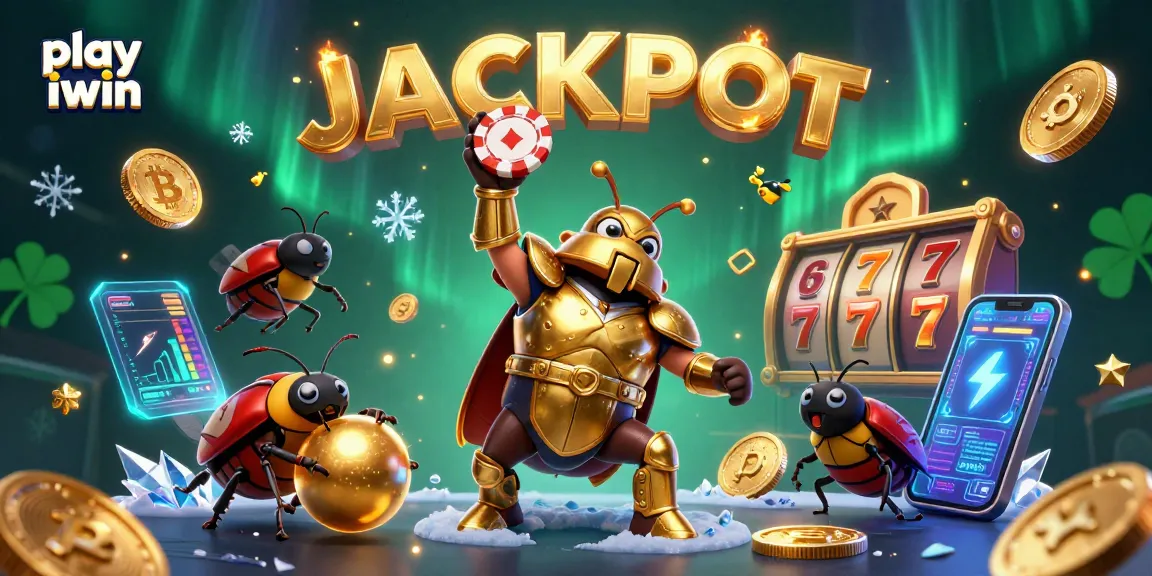 Play iwin to win with a fun 3D beetle scene showcasing casino games and cryptocurrency