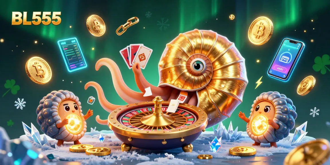 Engage with BL555's exciting gaming landscape, featuring a vibrant 3D nautilus and glowing coins.