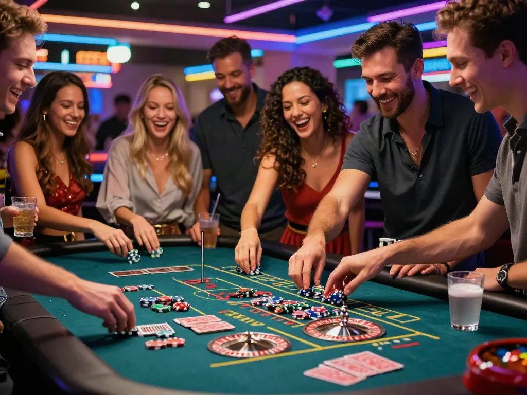 Friends enjoying a fun night at unsurtoto roulette table in a lively casino atmosphere.