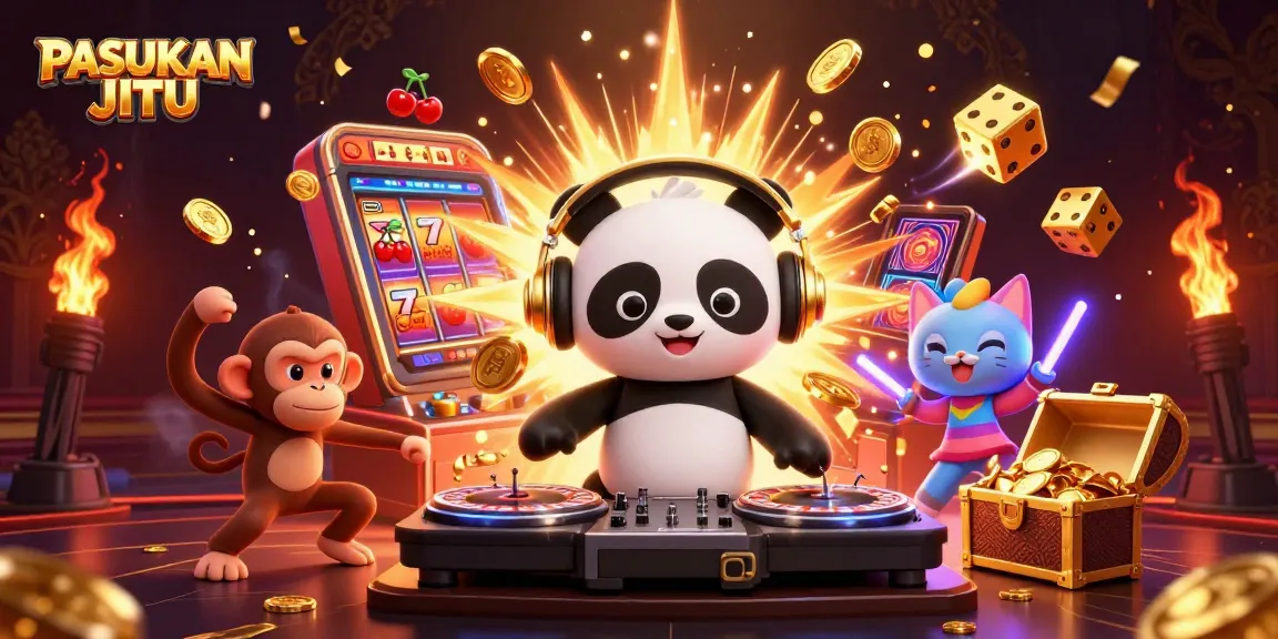 Experience PASUKAN JITU's thrilling gaming vibe with cartoon characters, jackpot excitement, and casino elements.
