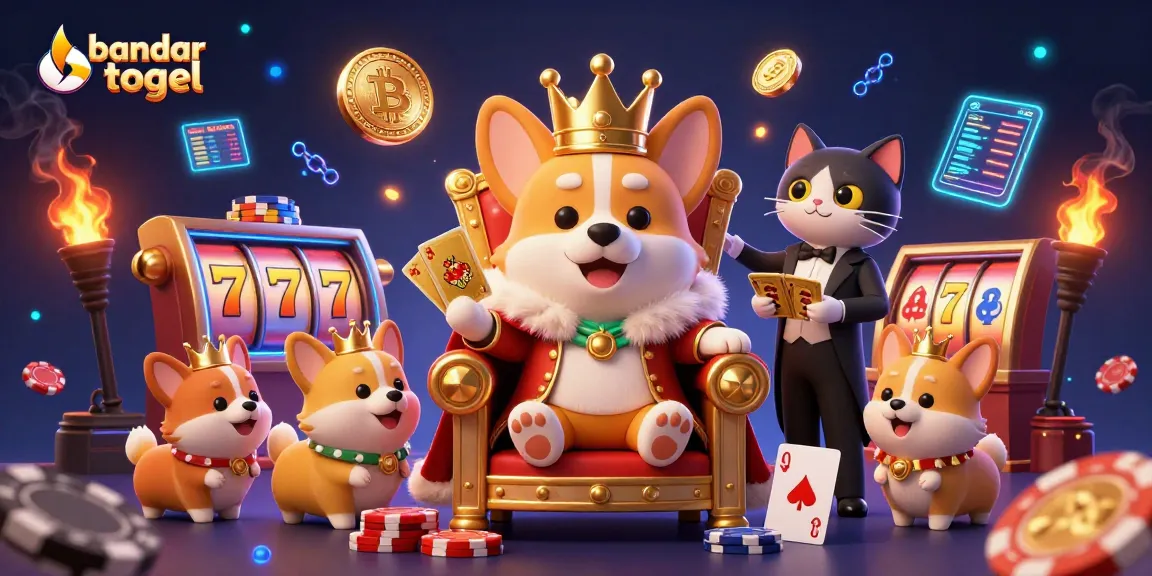 Experience bandar togel excitement with a regal corgi on a throne of poker chips, showcasing vibrant casino elements.