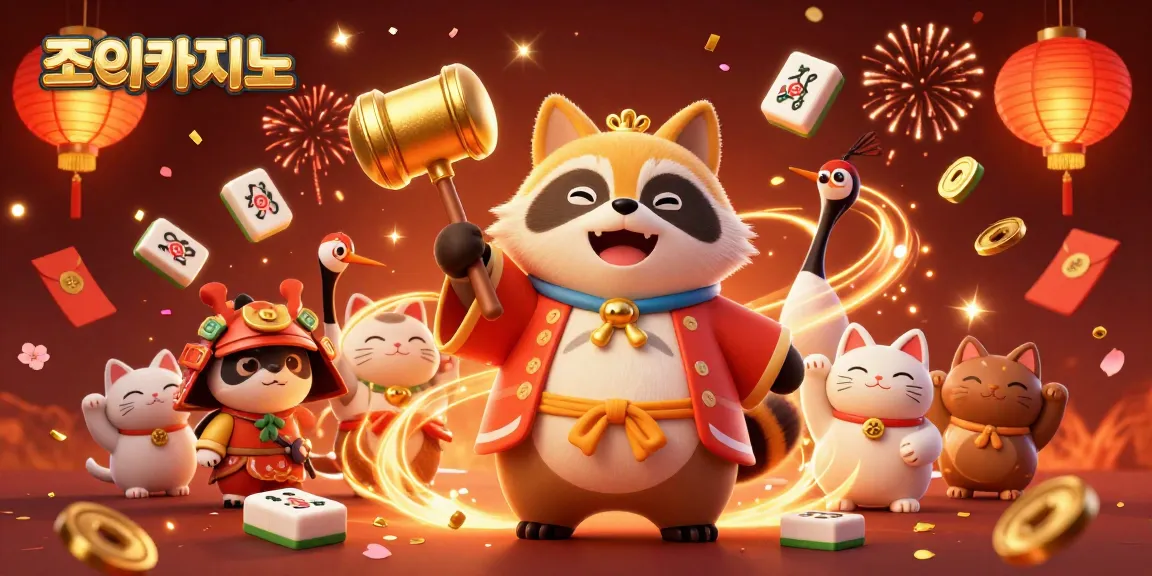 Experience the excitement of 조이카지노 with a cheerful tanuki in a festival outfit surrounded by lucky symbols and energetic decorations.