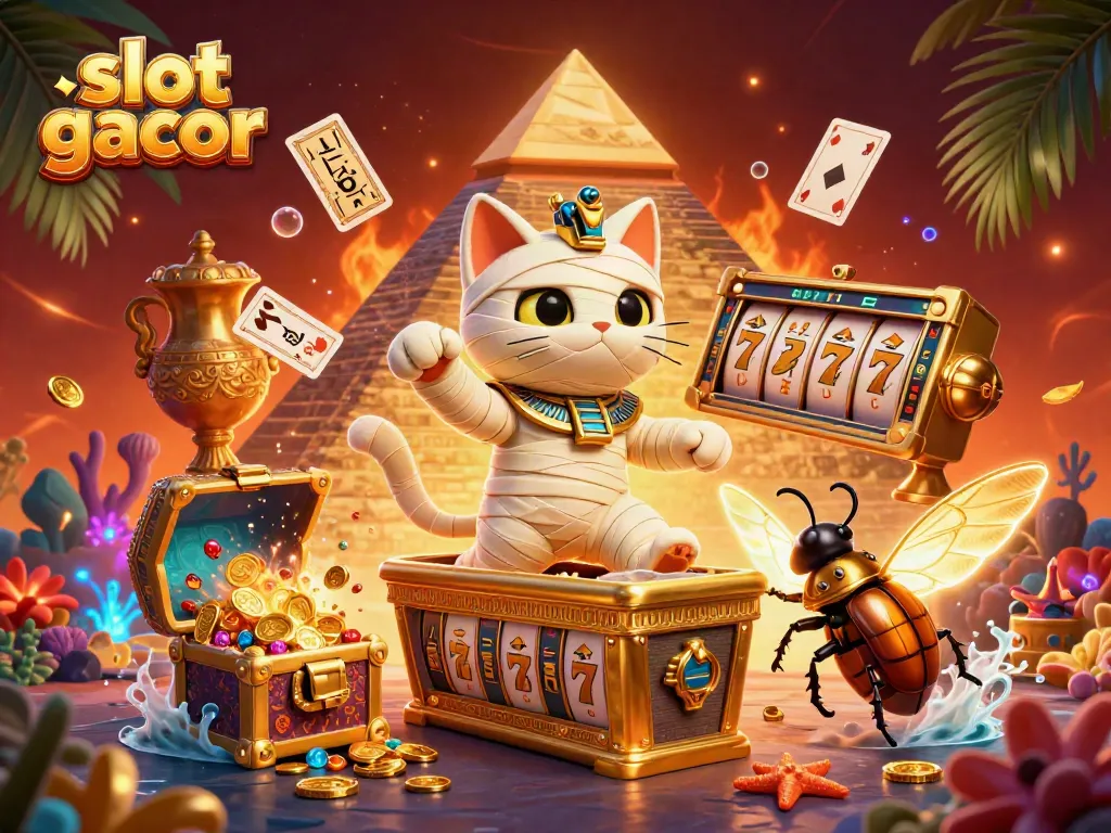 Experience slot gacor action with a cartoon Egyptian mummy cat and treasures bursting in a vibrant casino scene.