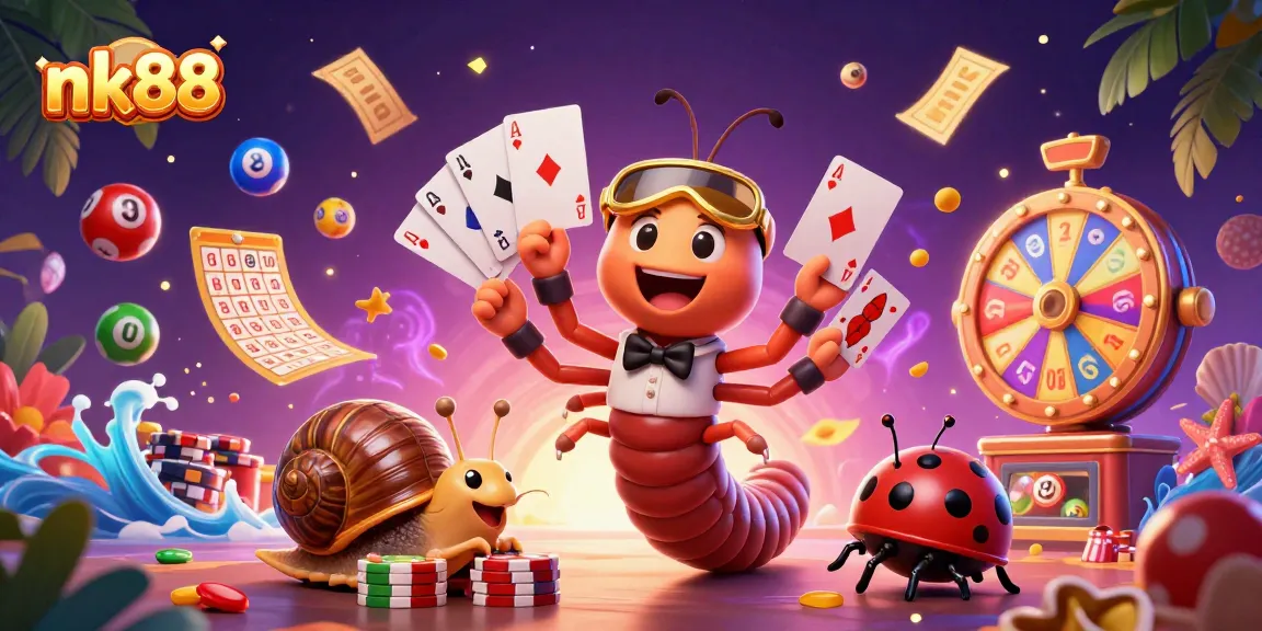 Experience thrilling games at nk88 with a vibrant cartoon casino illustration showcasing colorful characters and lottery elements.