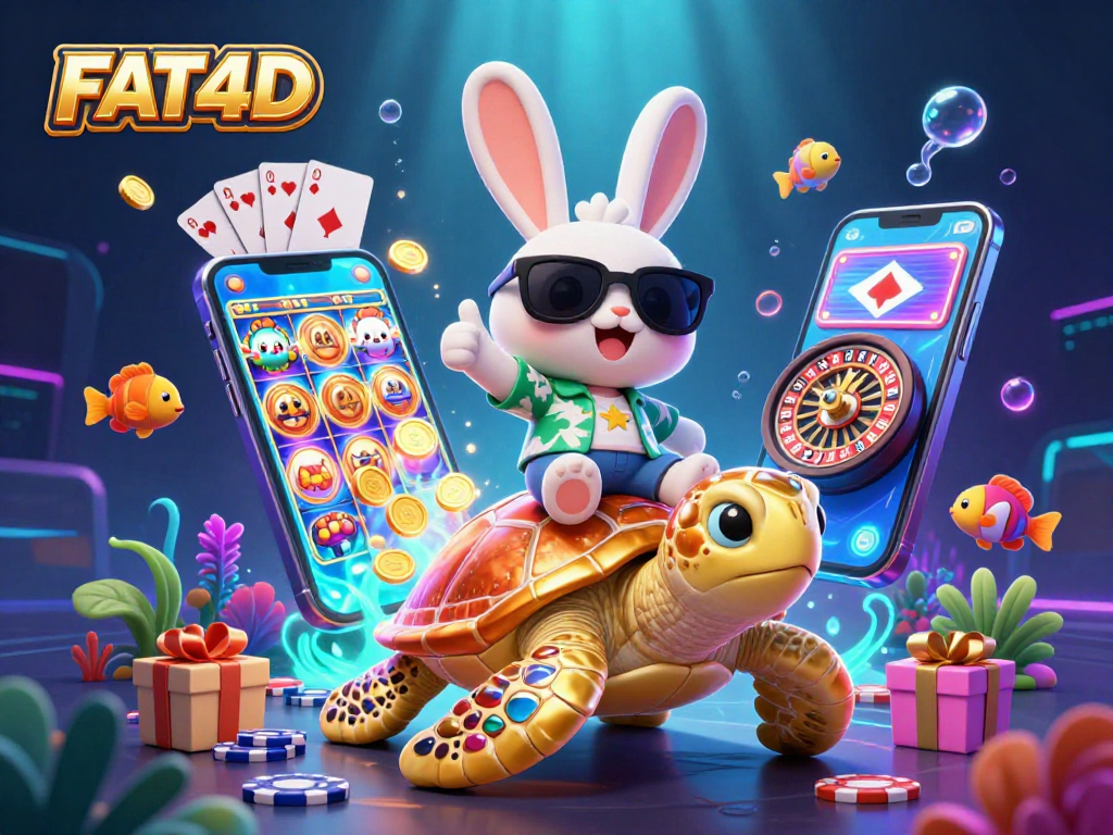 Experience the ultimate winning chances on FAT4D with vibrant slot games, golden coins, and an adorable lucky rabbit.