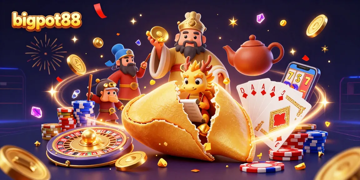 Experience the thrilling action of bigpot88 with giant fortune cookies, golden coins, and poker elements.