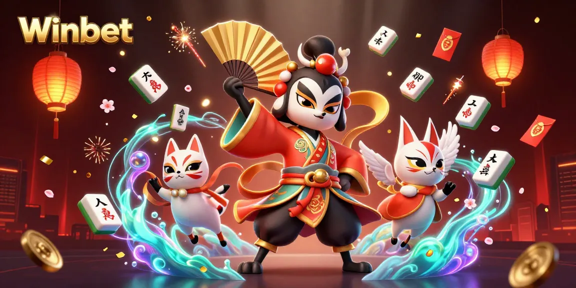 Winbet showcases a vibrant 3D casino scene with lucky symbols and characters in dynamic action.