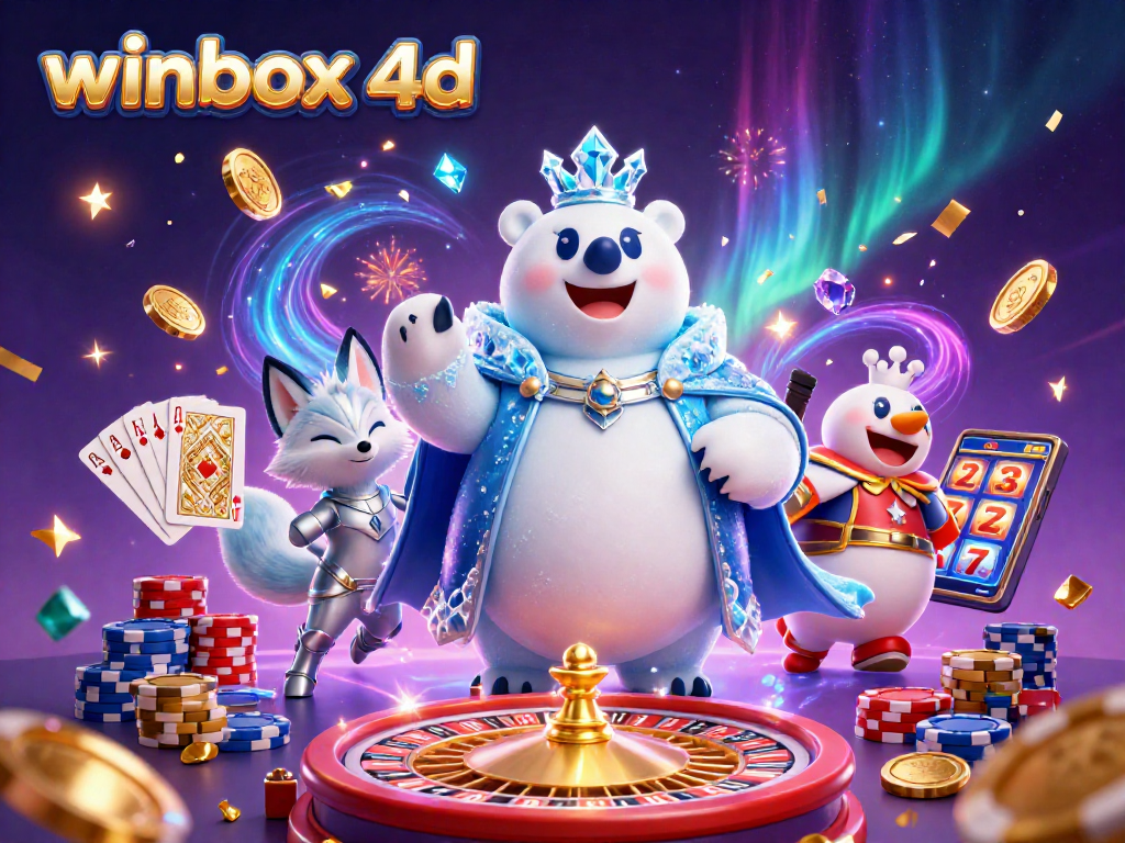 Winbox 4D illustration featuring the ice king polar bear, snow fox, and casino elements for an exciting gaming experience.