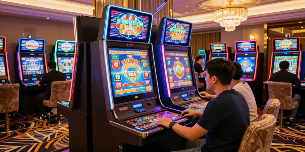 Slot Mahjong dalam suasana kasino modern yang menegangkan.
