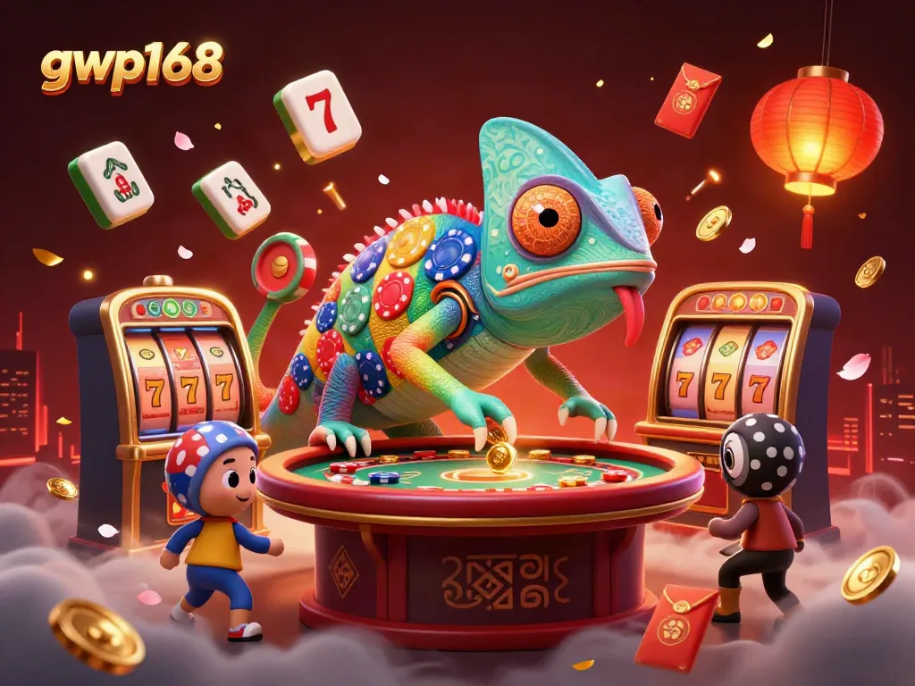 GWP168 mempersembahkan ilustrasi kasino dengan chameleon pemilik dan elemen permainan yang mengesankan.