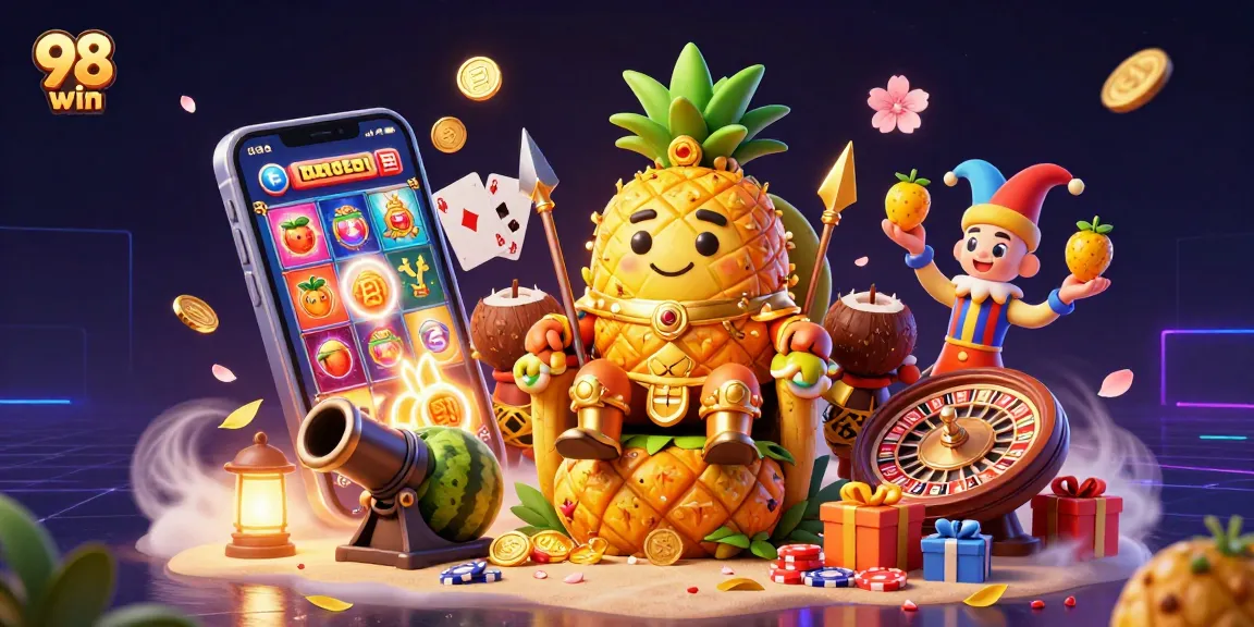 Exciting gameplay at 98 win showcased with vibrant 3D characters, golden coins, and slot game action.