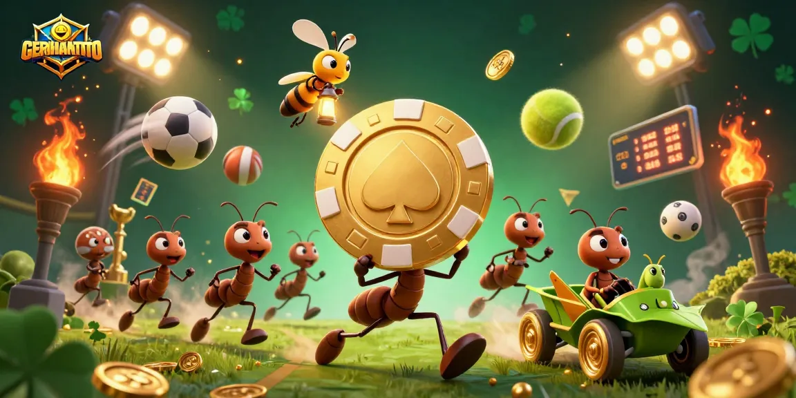 Menangkan permainan di GERHANATOTO dengan chip poker emas raksasa dalam ilustrasi 3D penuh aksi.