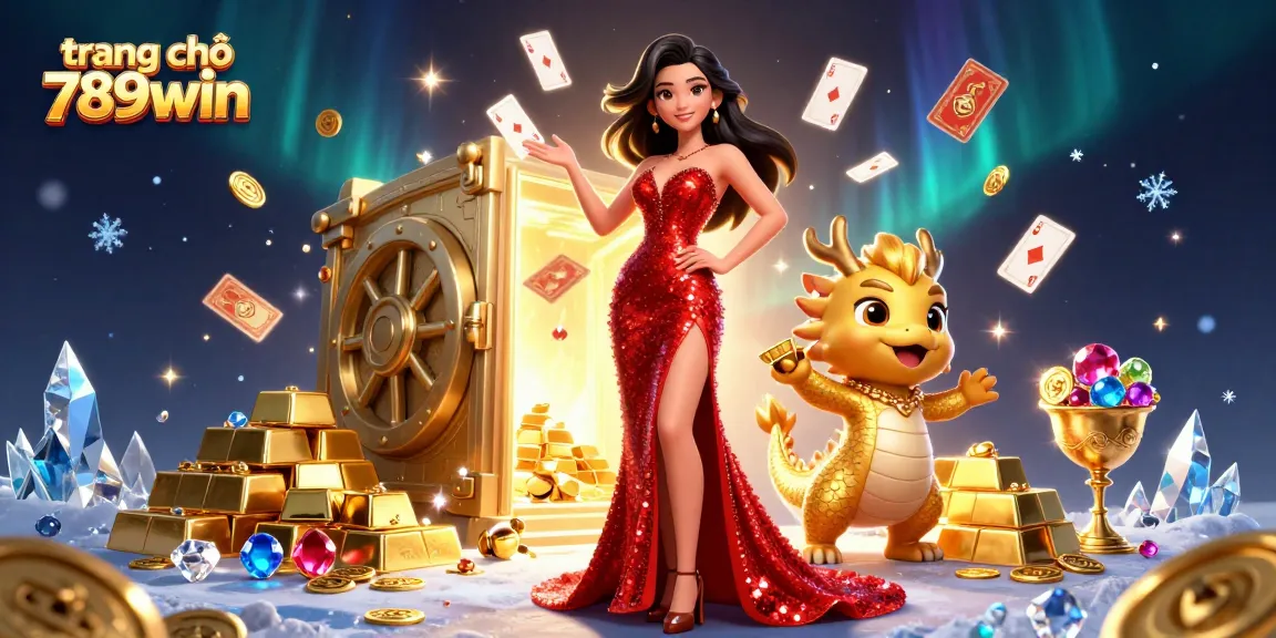 Experience the vibrant world of trang chủ 789win, featuring a glamorous Asian woman with a golden dragon, surrounded by sparkling treasures.