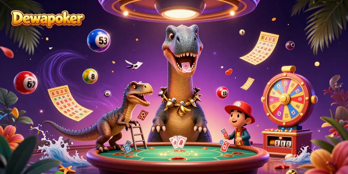 Dewapoker thrives in an exhilarating casino scene featuring vibrant gaming elements like cards and lottery balls.