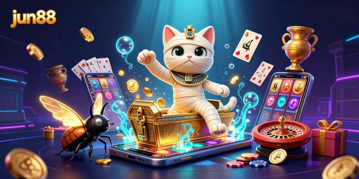 Experience thrilling gameplay at jun88 with a lively illustration of an Egyptian mummy cat in a casino setting.
