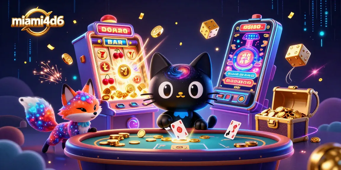 Experience the thrill of miami4d6 with a vibrant cosmic casino scene showcasing a black hole cat and nebula fox.